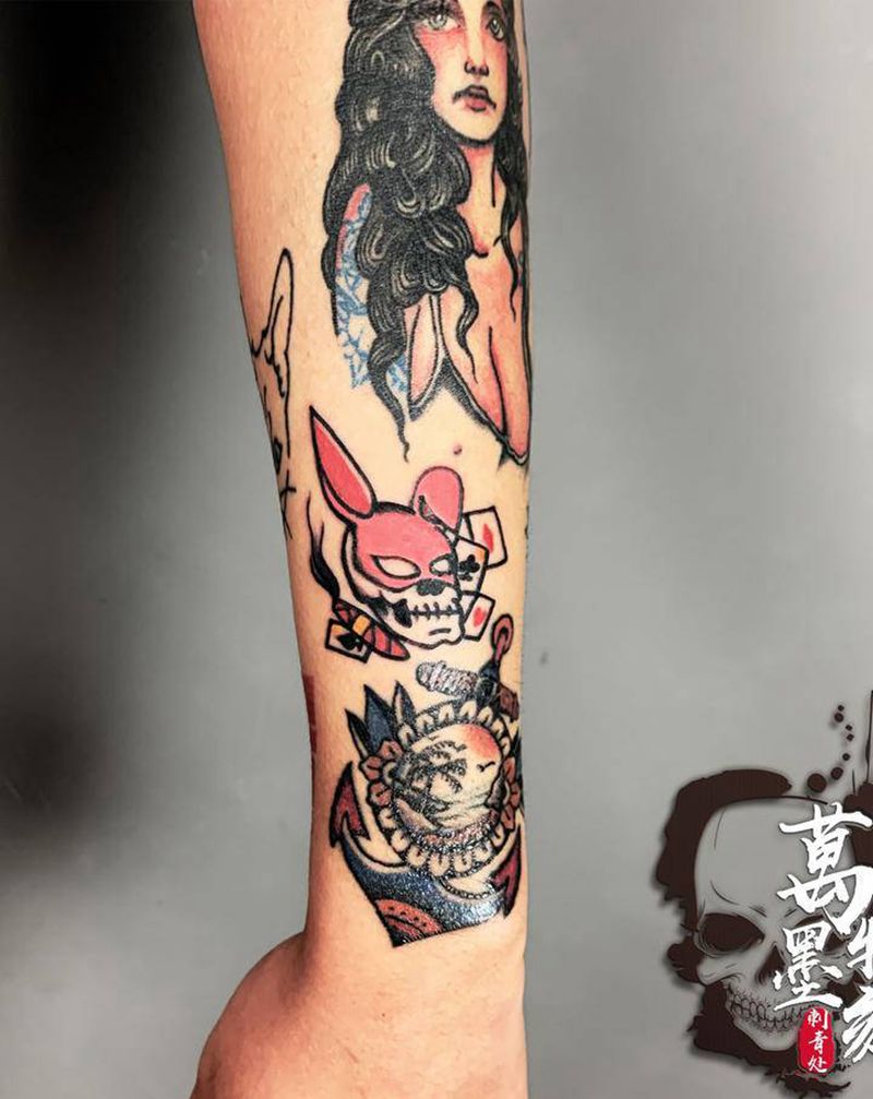 匪帮骷髅小兔子纹身图片_手臂手部New SchoolOld School纹身图案