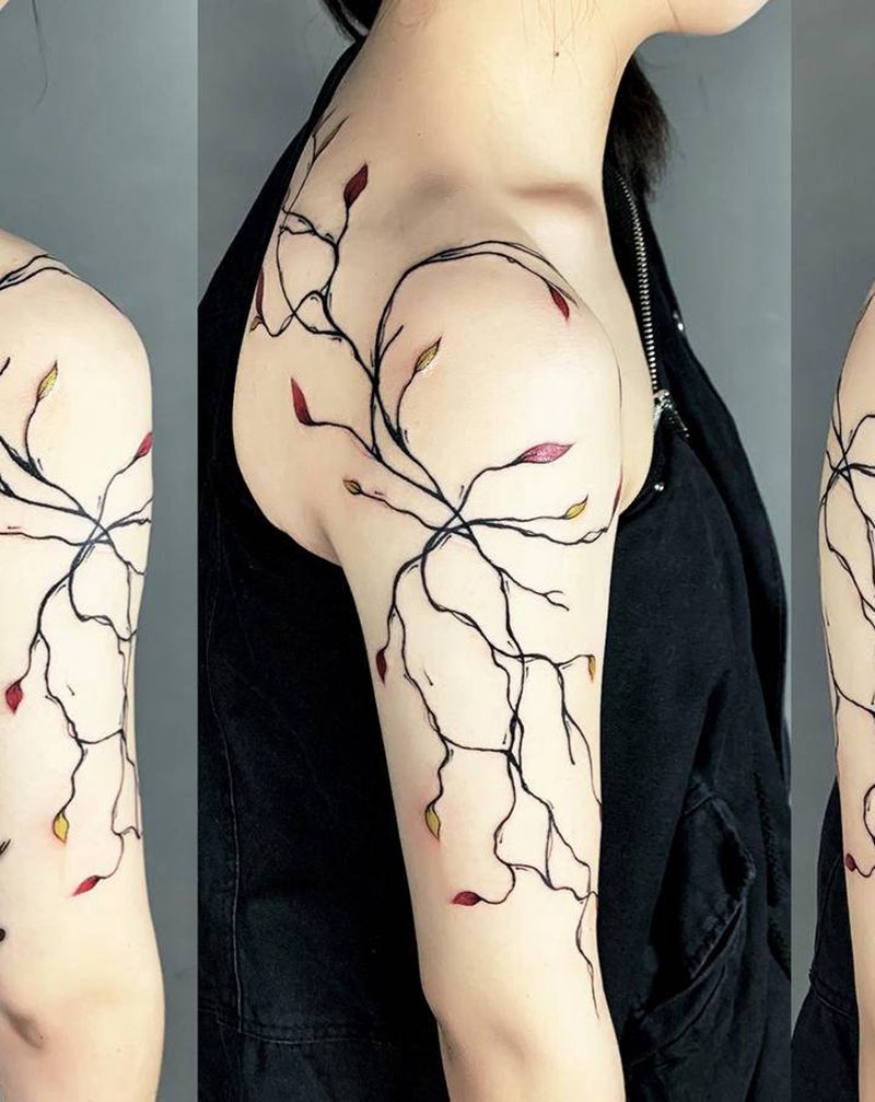 枯木逢春纹身图片_肩部背部图腾水墨纹身图案