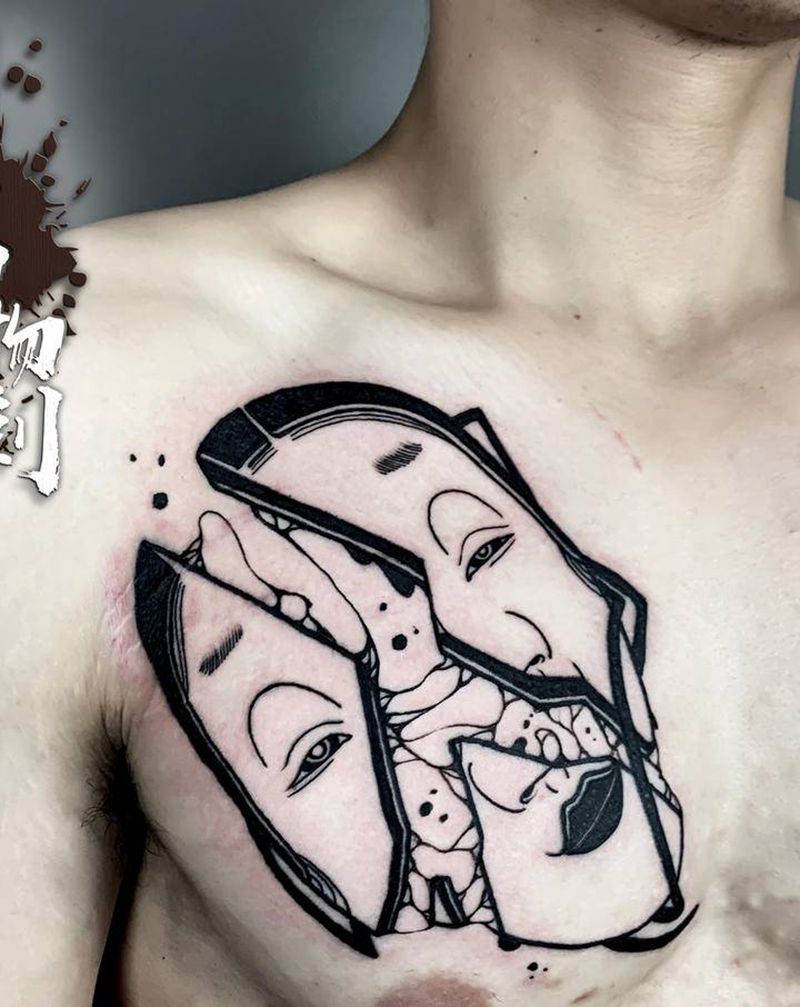 能面-ますかみ纹身图片_胸部肩部图腾水墨纹身图案