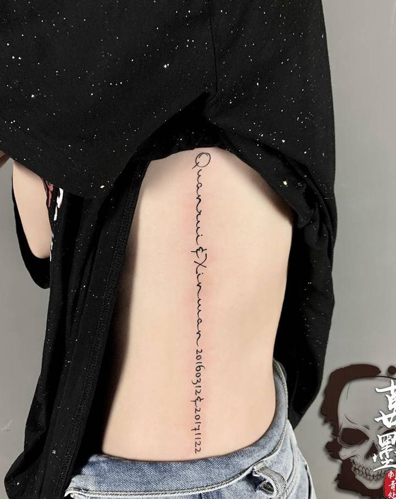 名字生日纹身图片_腰部背部花体字几何纹身图案