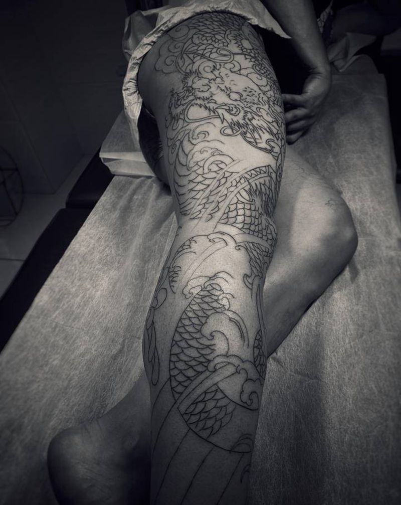 花腿作品纹身图片_腿部脚部新传统老传统纹身图案