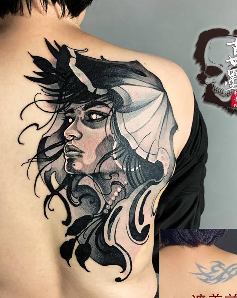 遮盖作品纹身图片_肩部背部新传统欧美写实纹身图案