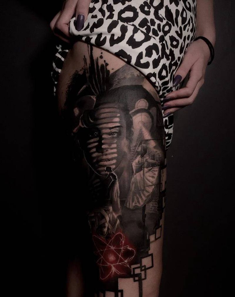 舞者纹身图片_腿部欧美写实几何纹身图案