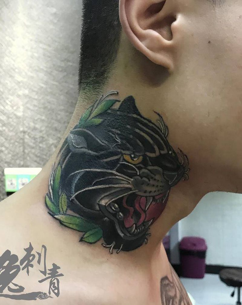 黑豹遮盖纹身图片_颈部New School纹身图案