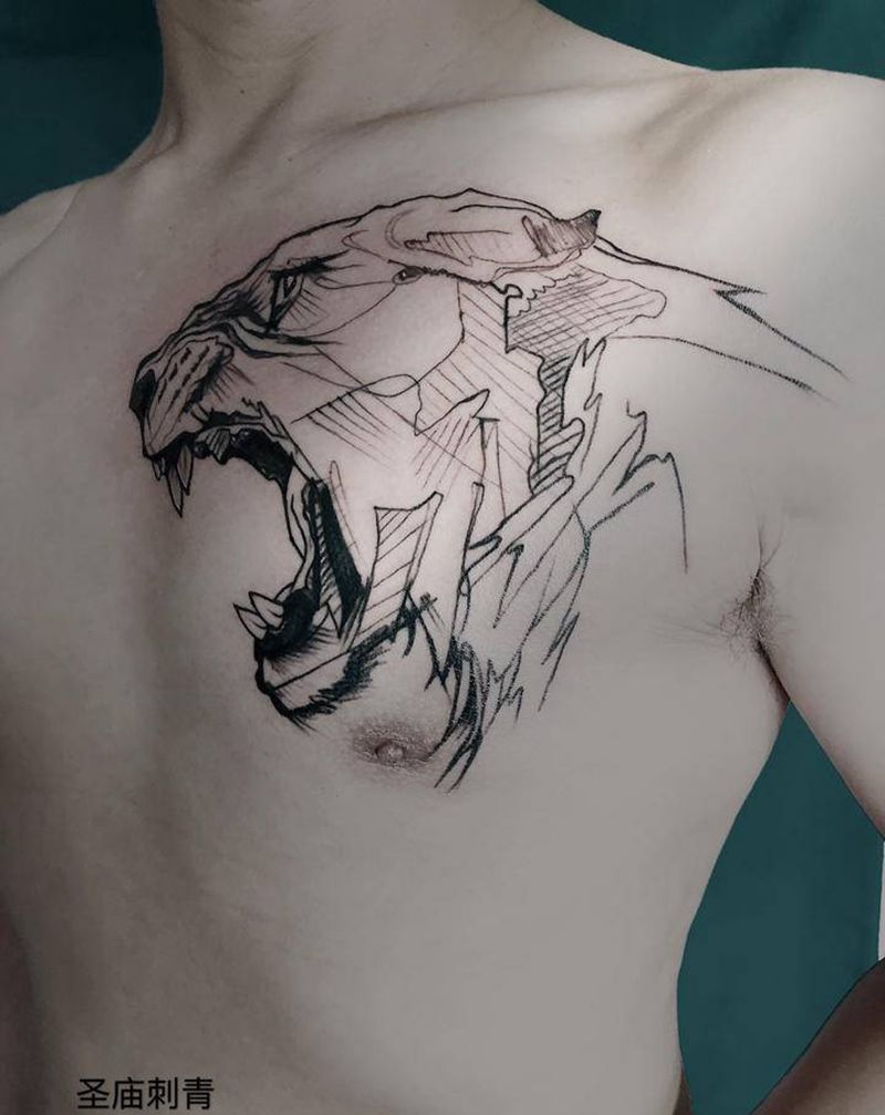 豹纹身图片_胸部欧美写实纹身图案