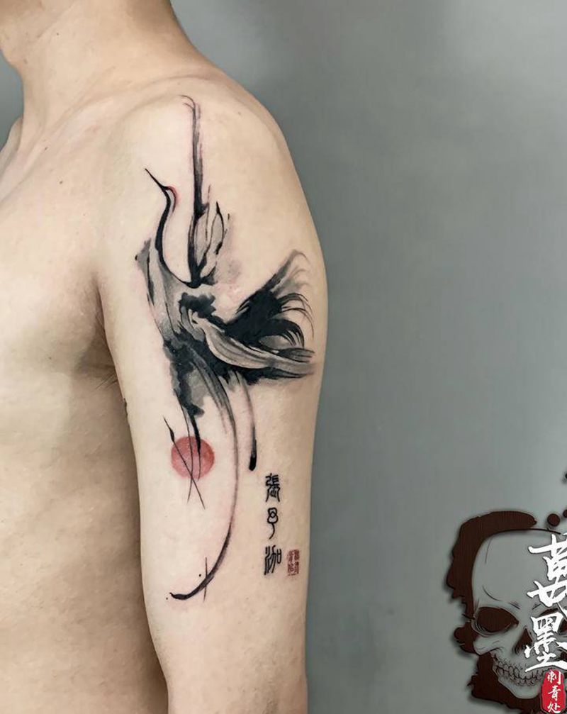 鹤纹身图片_手臂手部水墨水彩纹身图案