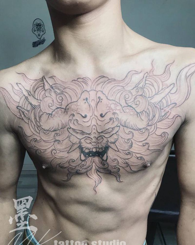 唐狮，未完成纹身图片_胸部纹身图案