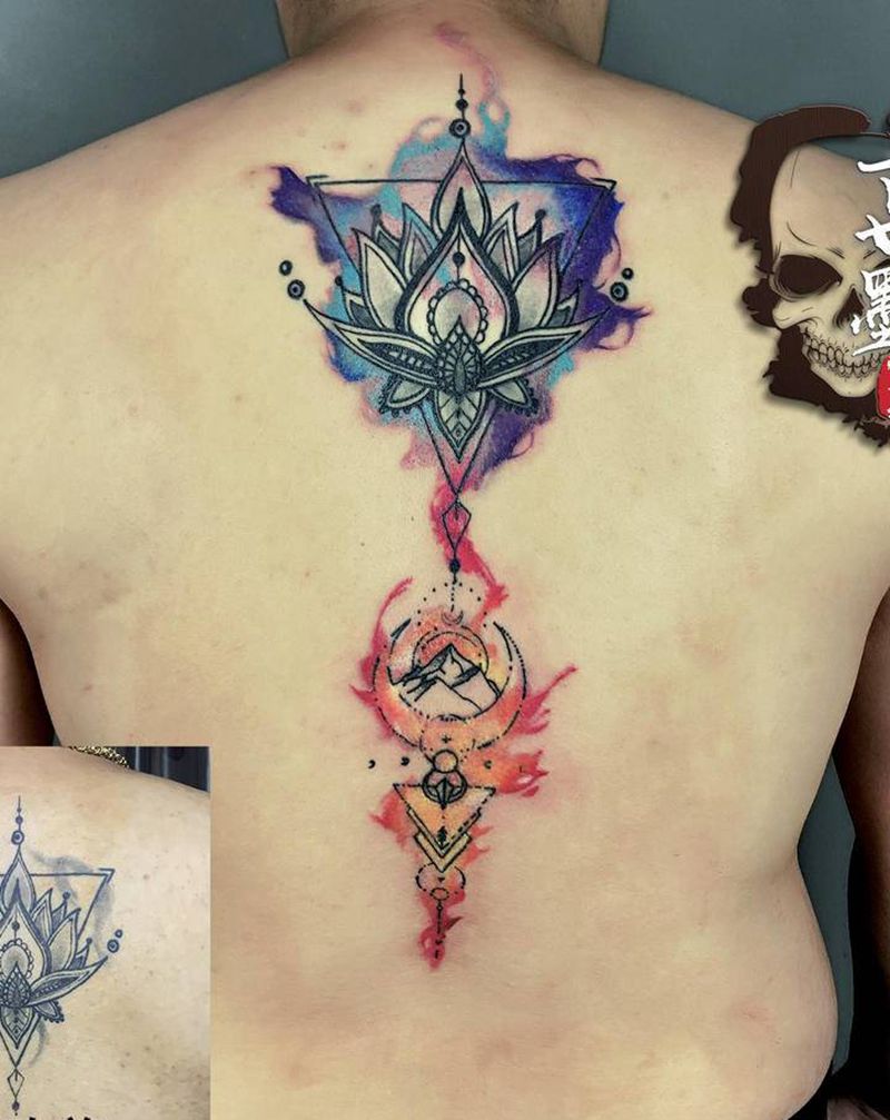 旧纹身修改添加纹身图片_颈部背部水彩水墨纹身图案