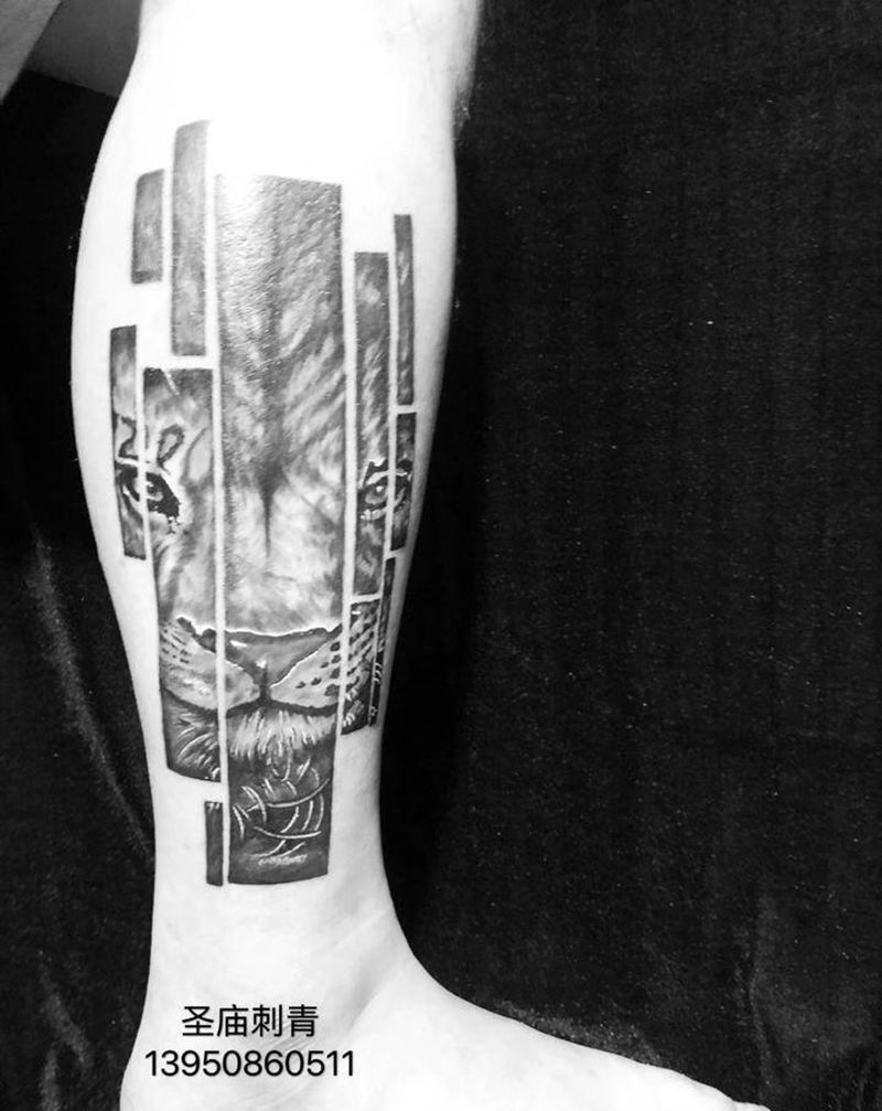 拼接狮子纹身图片_腿部纹身图案