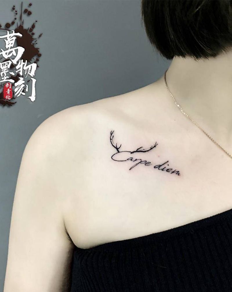 英文纹身图片_胸部肩部花体字几何纹身图案