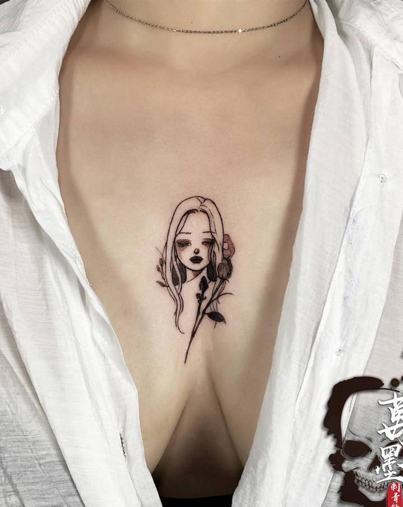 胸口小姐姐纹身图片_胸部颈部欧美写实点刺纹身图案
