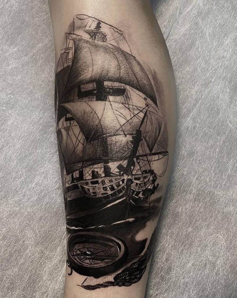 远洋船帆纹身图片_腿部脚部欧美写实新传统纹身图案