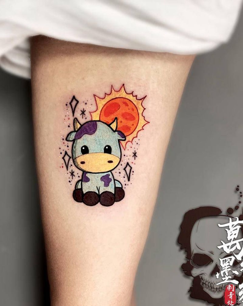 超萌小哞哞纹身图片_手臂手部水彩水墨纹身图案