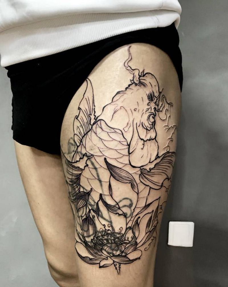 大鱼遮小鱼，未完待续…纹身图片_臀部腿部新传统水墨纹身图案