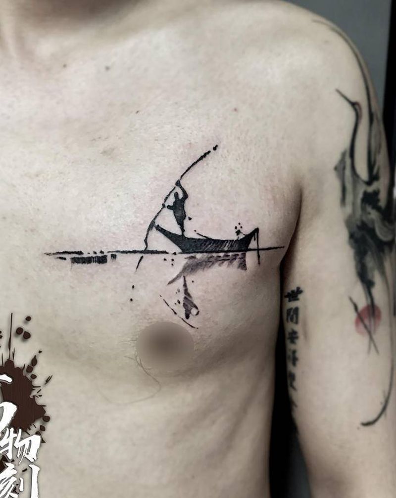 寒江孤影纹身图片_胸部肩部水墨点刺纹身图案