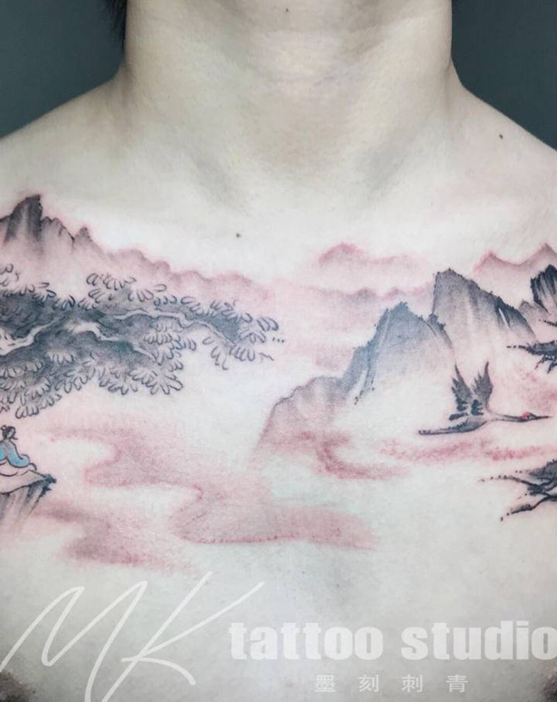水墨风格设计，纹身图片_胸部水墨纹身图案