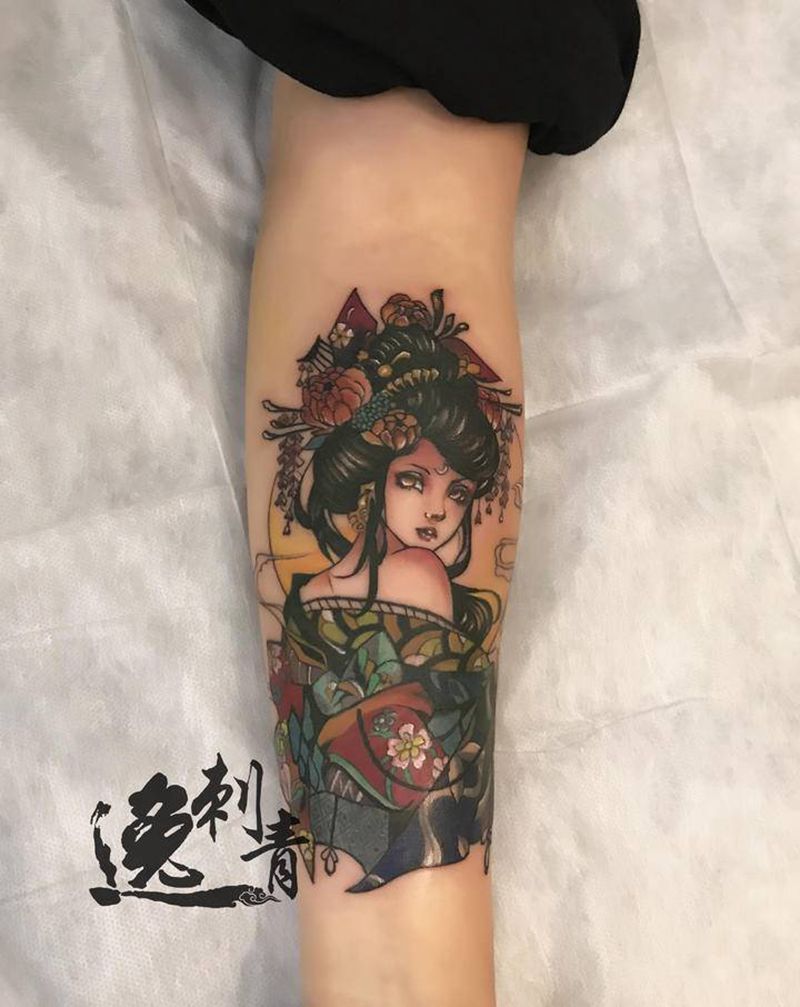 艺妓纹身图片_手臂新传统纹身图案