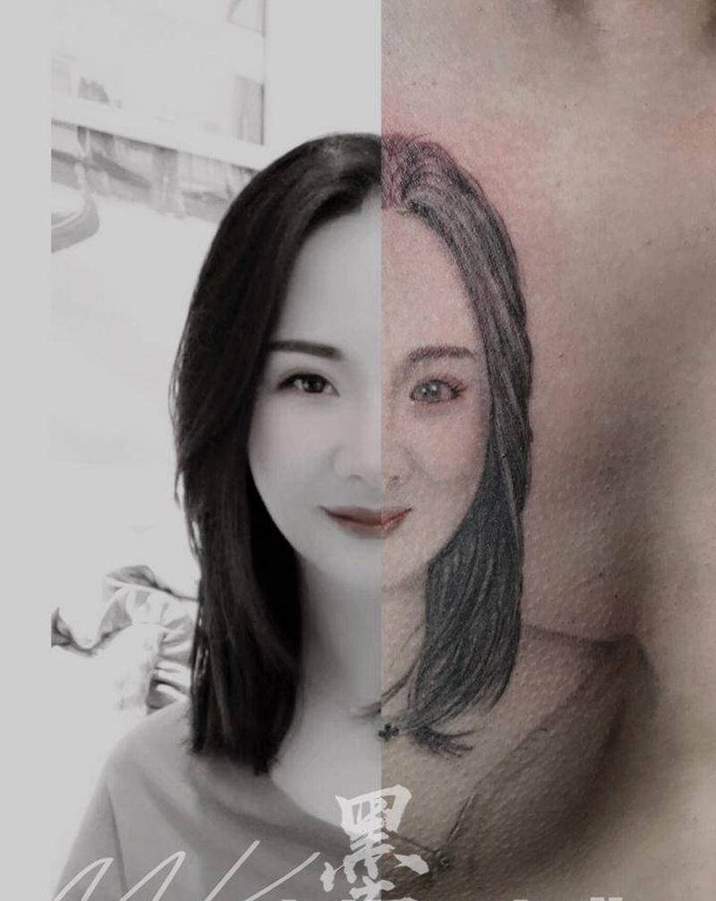 肖像作品，拼合照，纹身图片_胸部写实纹身图案
