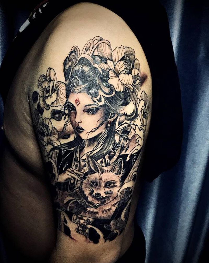 艺伎纹身图片_手臂新传统点刺艺伎 素花纹身图案