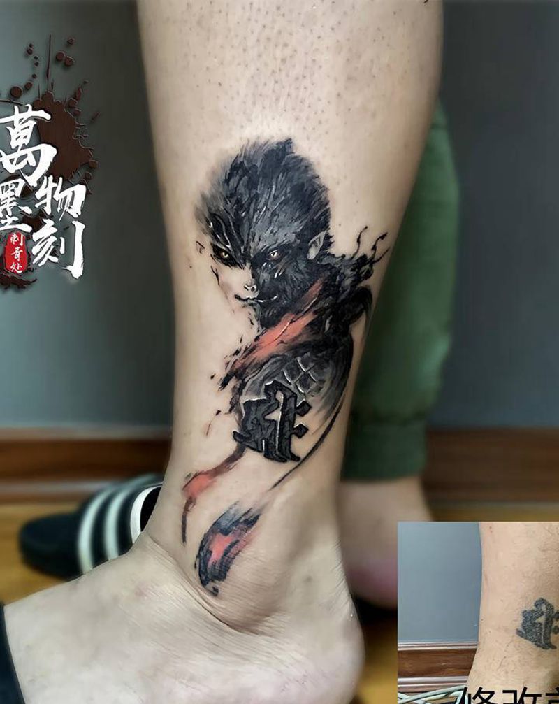 《我要拿铁棒有何用》纹身图片_腿部脚部水墨水彩纹身图案