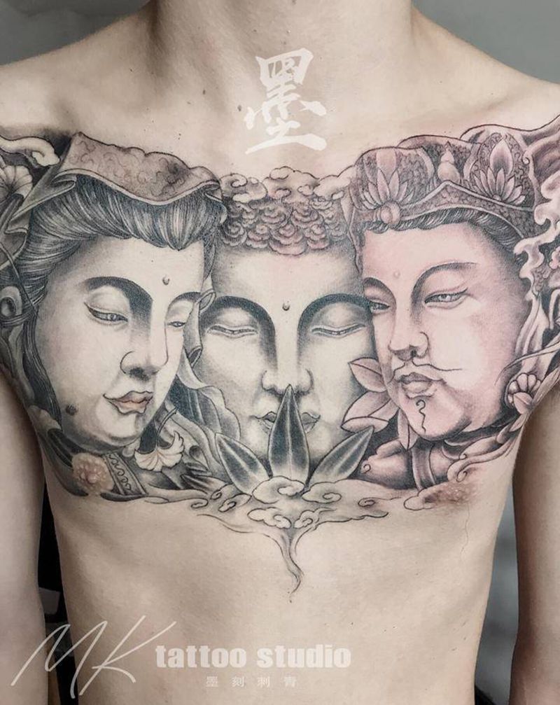 三面佛纹身图片_胸部纹身图案