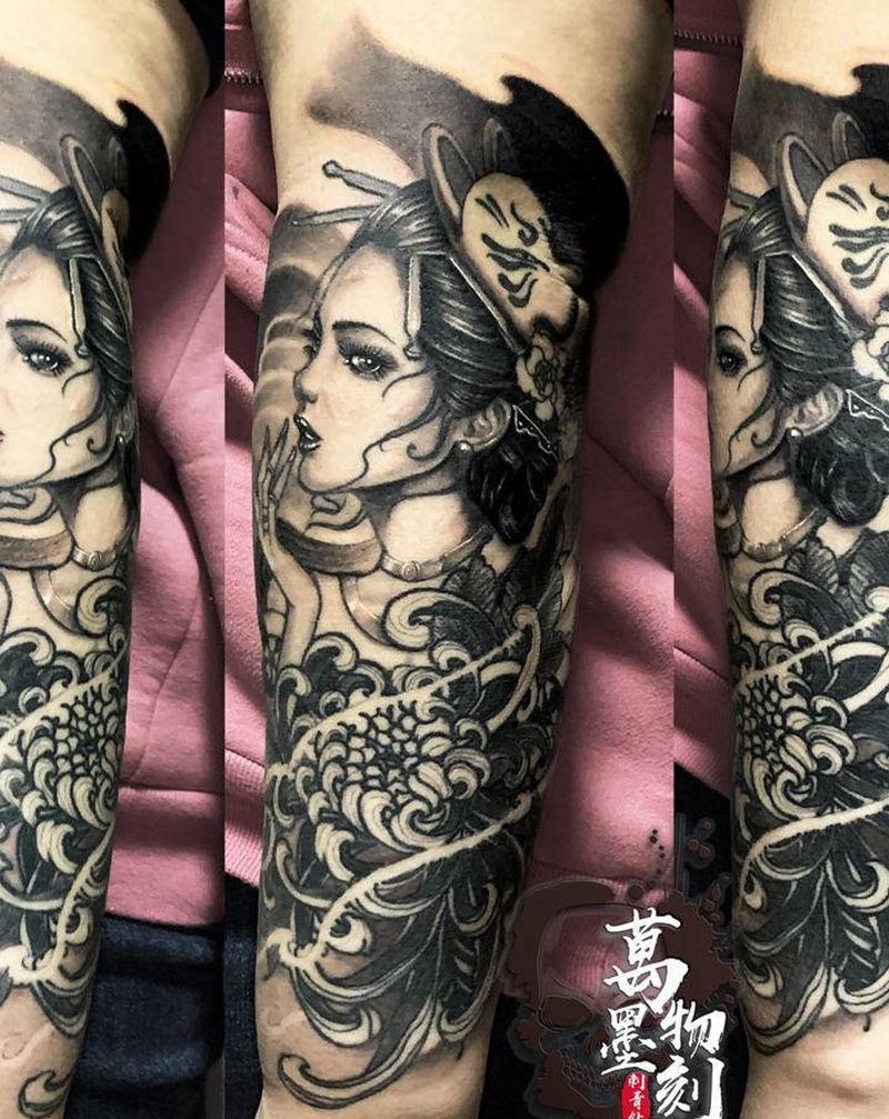 艺伎纹身图片_手臂手部新传统欧美写实纹身图案