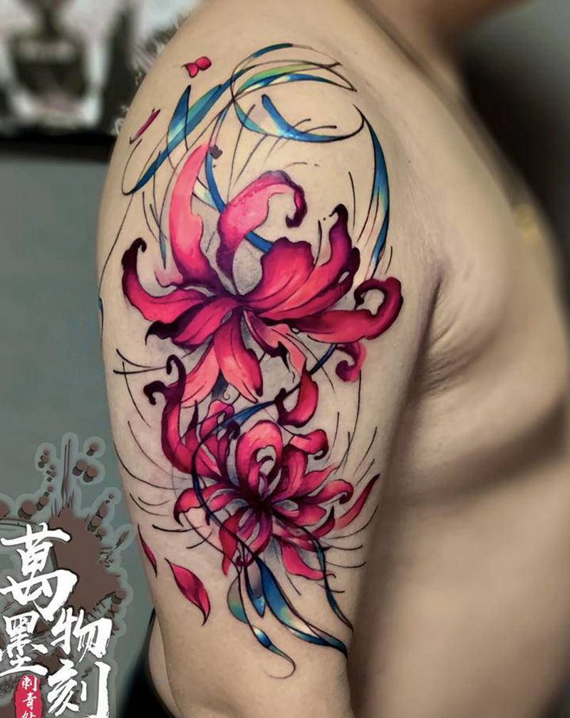 彼岸花开开彼岸,断肠草愁愁断肠纹身图片_手臂肩部欧美写实水彩纹身图案