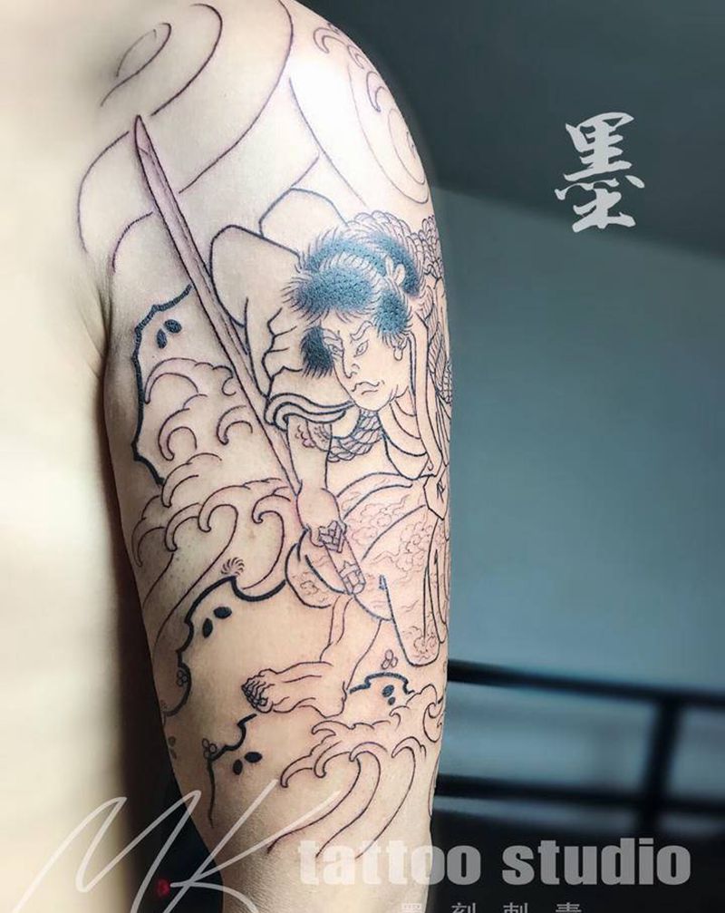 日式线条先，没完成纹身图片_手臂纹身图案