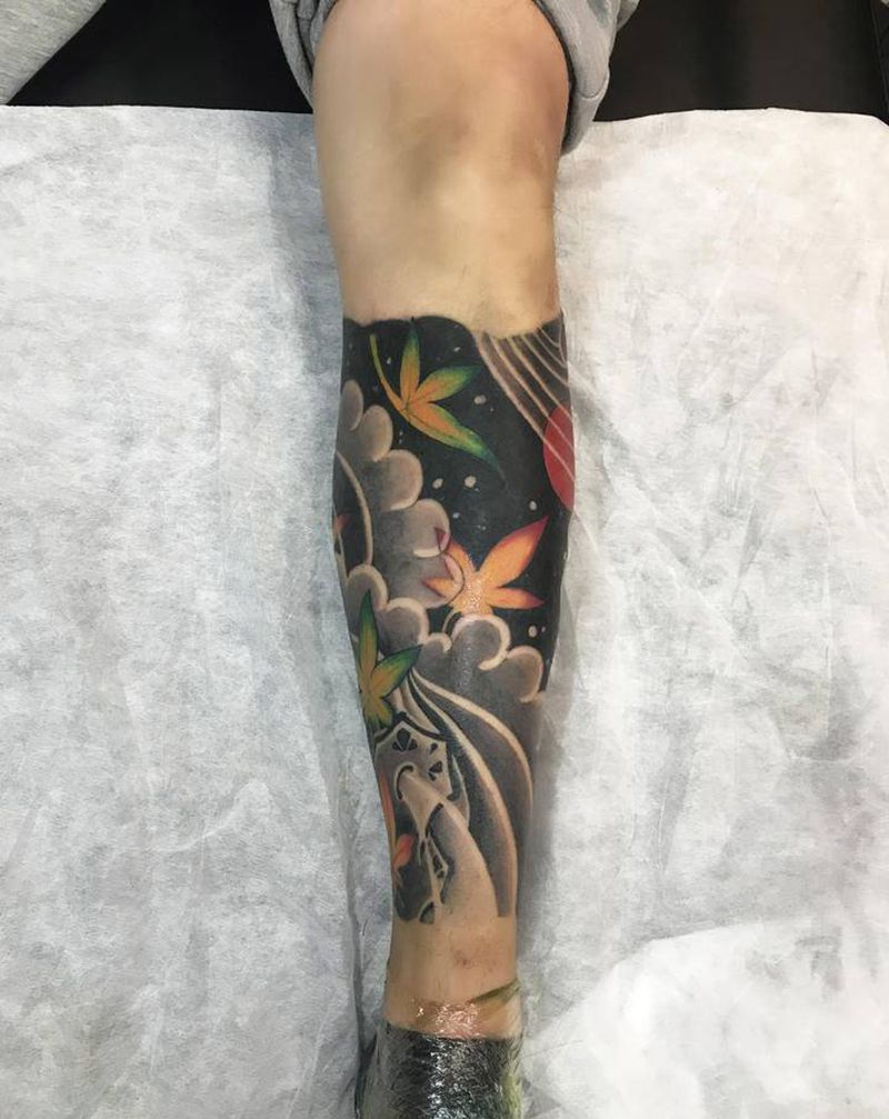 花腿纹身图片_腿部老传统纹身图案