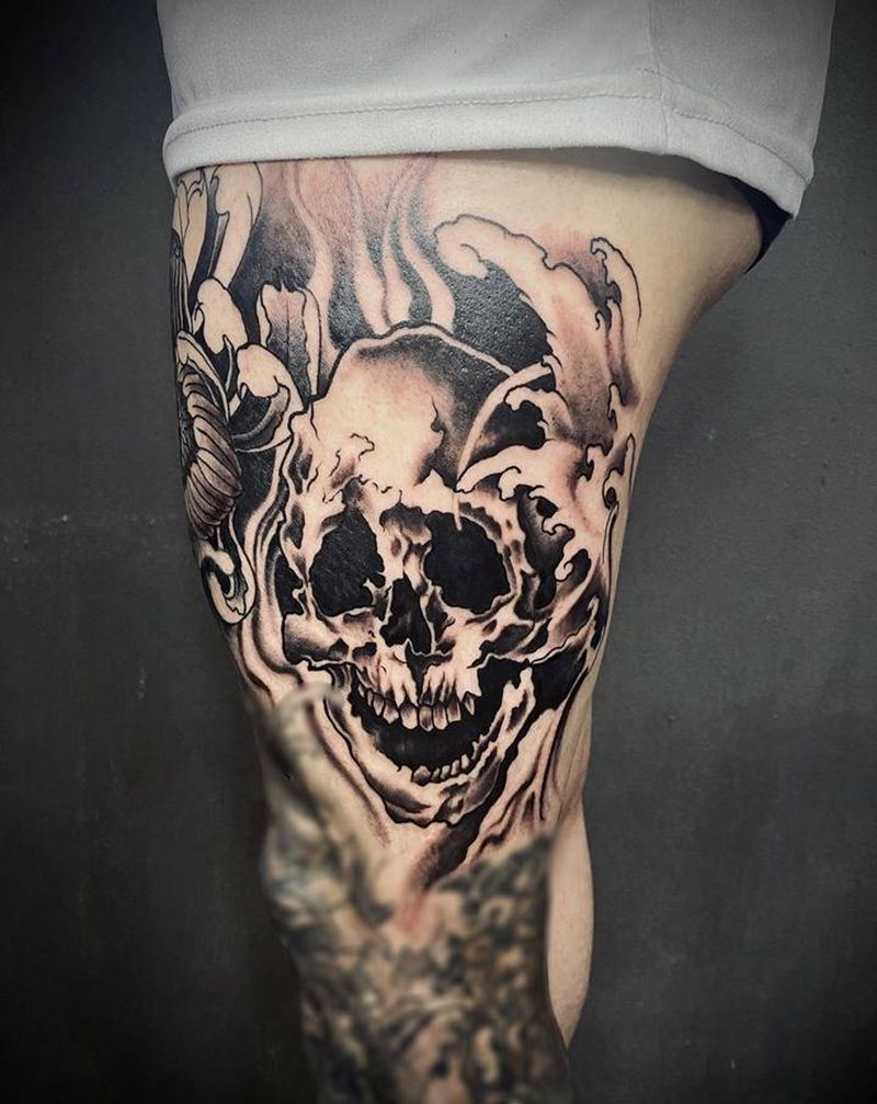 新传统风格-骷髅纹身图片_腿部新传统骷髅菊花浪纹身图案