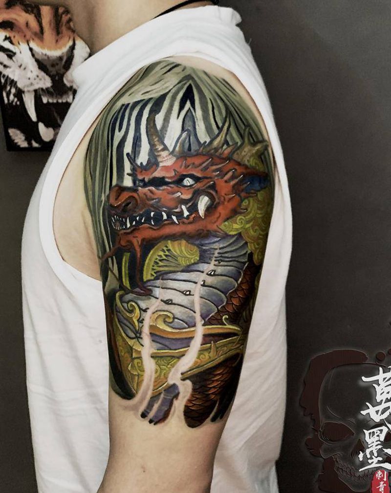 火麒麟纹身图片_肩部手臂新传统老传统纹身图案