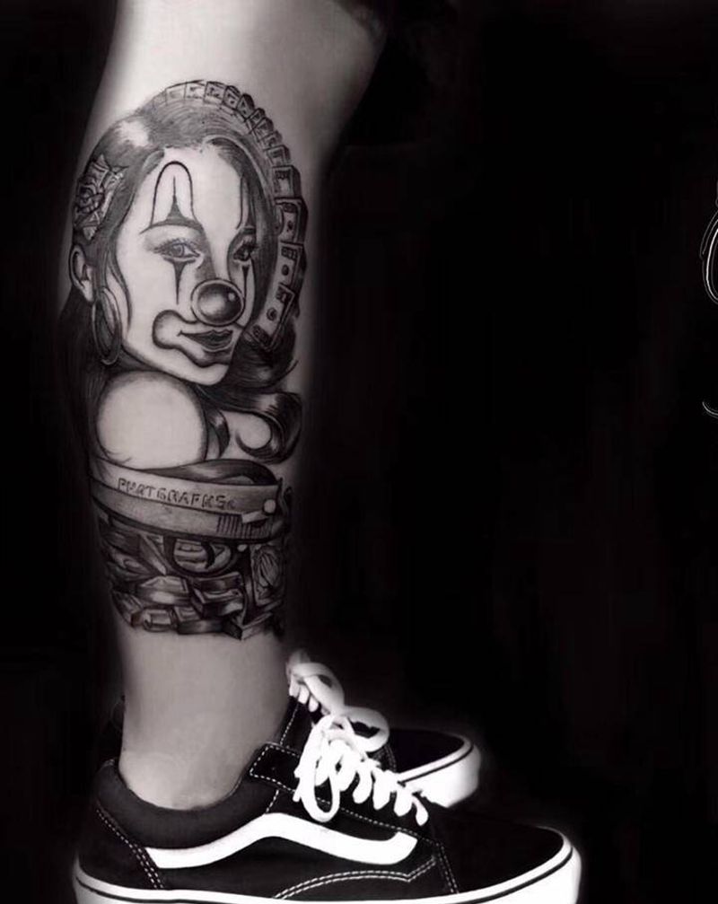 Chicano写实人物纹身图片_腿部欧美写实Chicano纹身图案