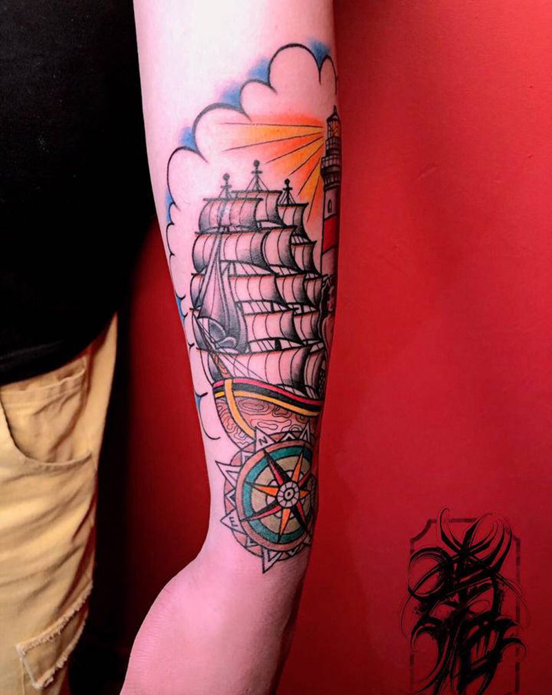 oldschool帆船⛵️纹身图片_手臂Old School帆船⛵️纹身图案