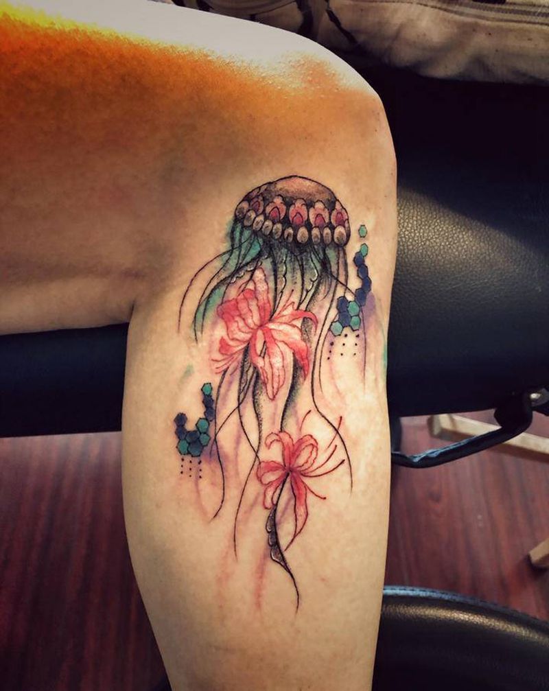 水墨纹身图片_腿部水彩水墨纹身图案