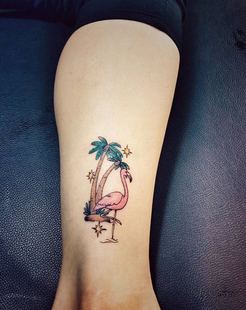 火烈鸟纹身图片_脚部水彩水墨纹身图案