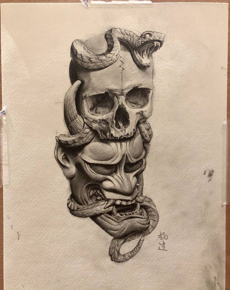 般若骷髅纹身图片_腿部欧美写实素描纹身图案