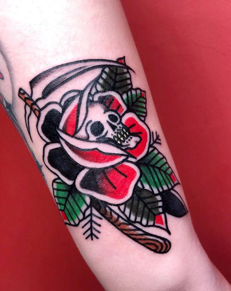 骷髅与花纹身图片_手臂Old School纹身图案