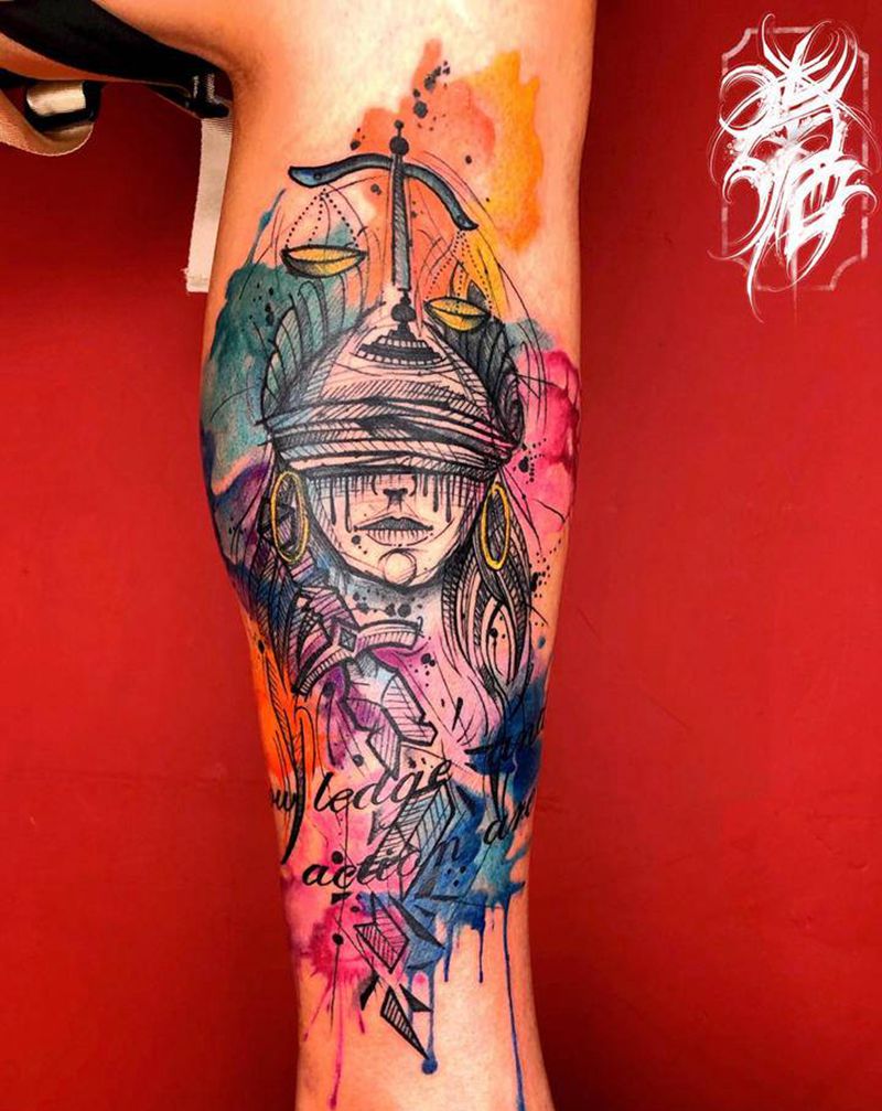 水墨纹身图片_腿部水彩纹身图案