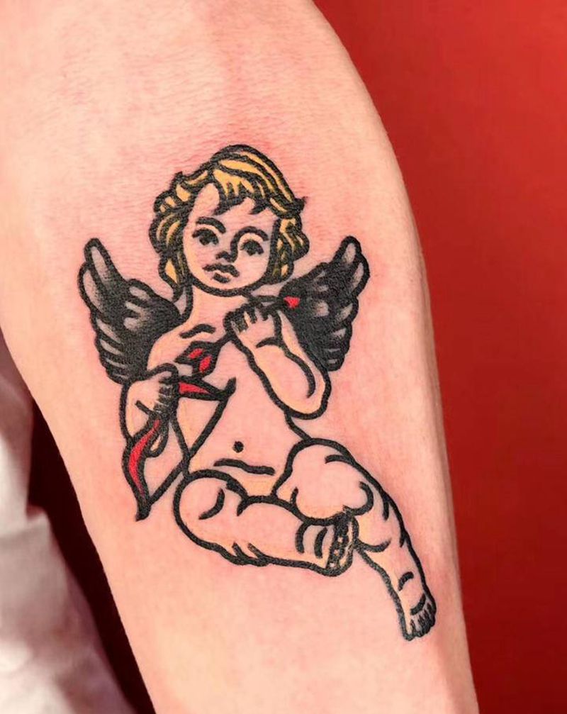 小天使纹身图片_手臂Old School纹身图案