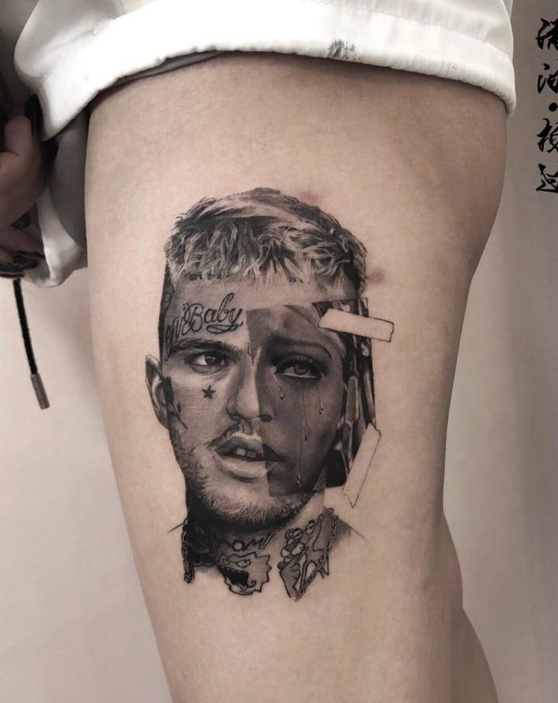 歌手lil peep与圣母纹身图片_腿部欧美写实纹身图案