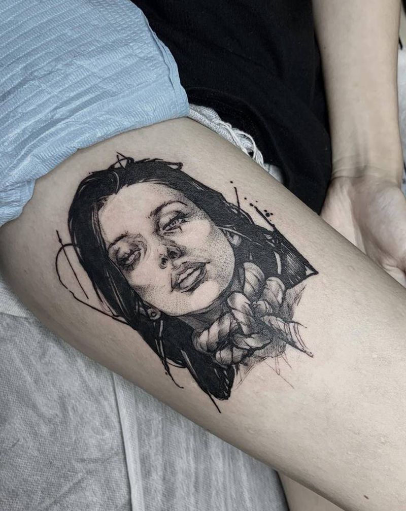 客带稿纹身图片_腿部欧美写实女生暗黑纹身图案