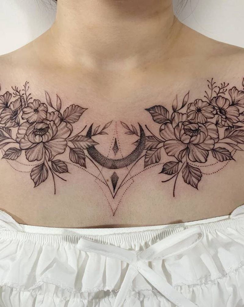 素花纹身图片_胸部纹身图案