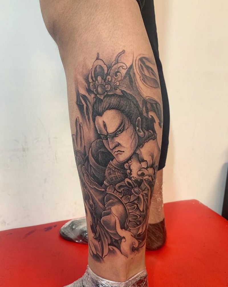 杨戬纹身图片_腿部新传统纹身图案