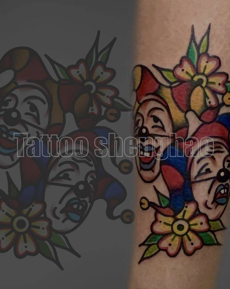 小丑纹身图片_腿部Old School小丑花纹身图案