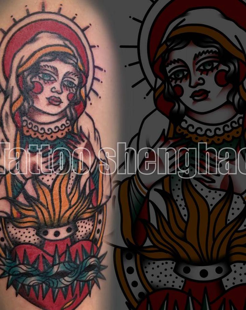 圣母纹身图片_手臂Old School圣母火焰荆棘纹身图案