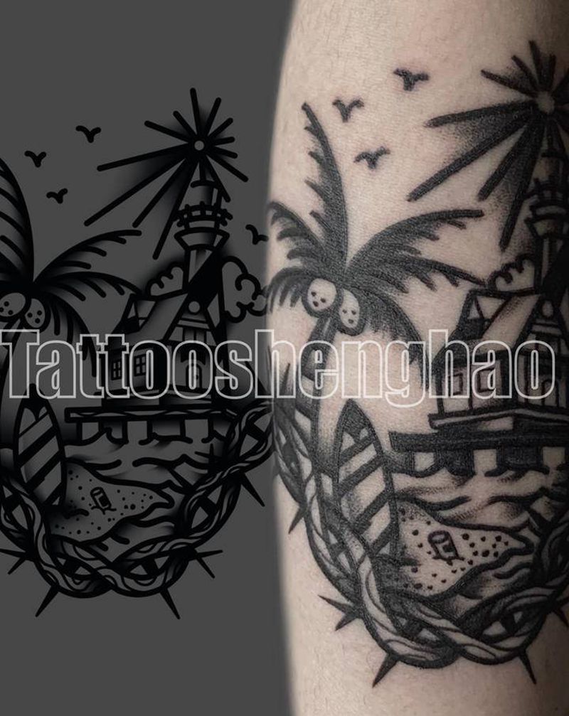 家是溫馨的港灣纹身图片_手臂Old School椰子樹燈塔荊棘纹身图案