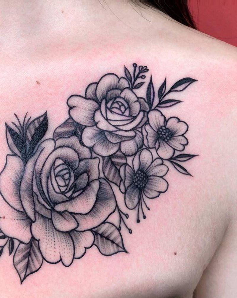 素花遮盖纹身图片_胸部点刺遮盖纹身图案