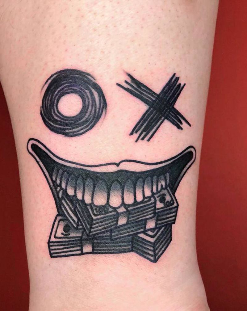 重新设网红图案HAHAHA笑脸纹身图片_腿部Old School修改网图纹身图案