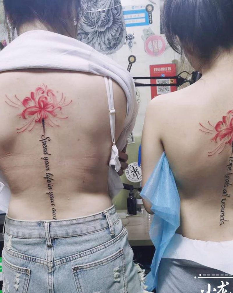 彼岸花纹身图片_背部新传统水彩纹身图案
