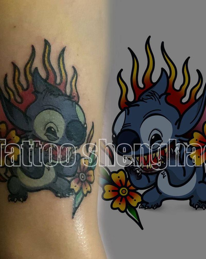 史迪仔纹身图片_手臂New School史迪仔火焰花纹身图案